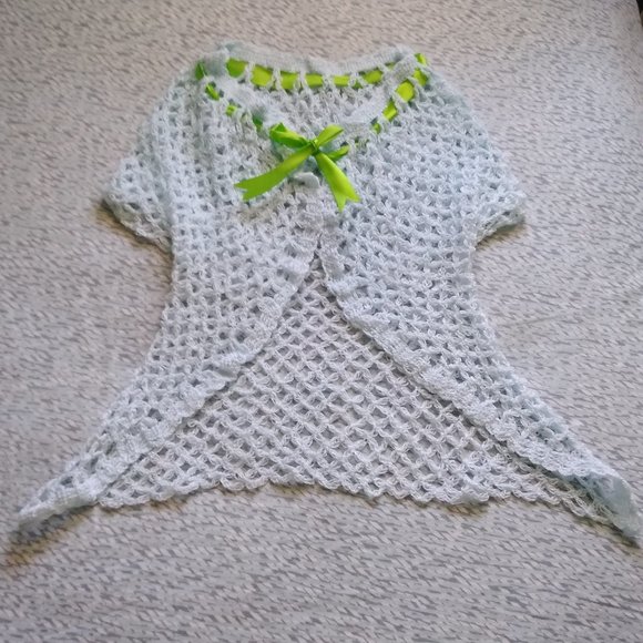 Handmade Crochet Baby Blue Vest w/ Green Ribbon - Picture 7 of 8